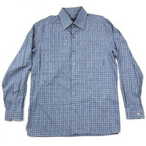 Ermenegildo Zegna Mens Large Button Down Long Sleeve Shirt Blue Plaid